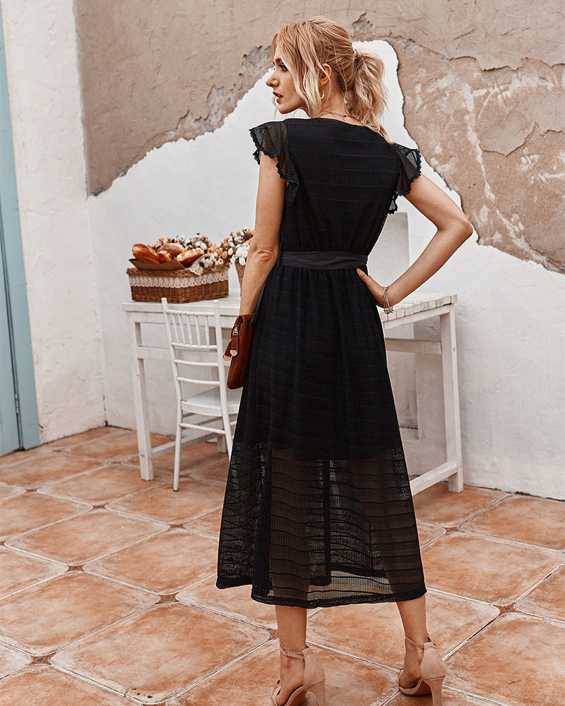 V-Neck Ruffles Sleeve Tie Waist Midi Dresses