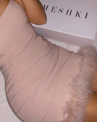 Strappy Sling Furry Party Bodycon Mini Dresses Black