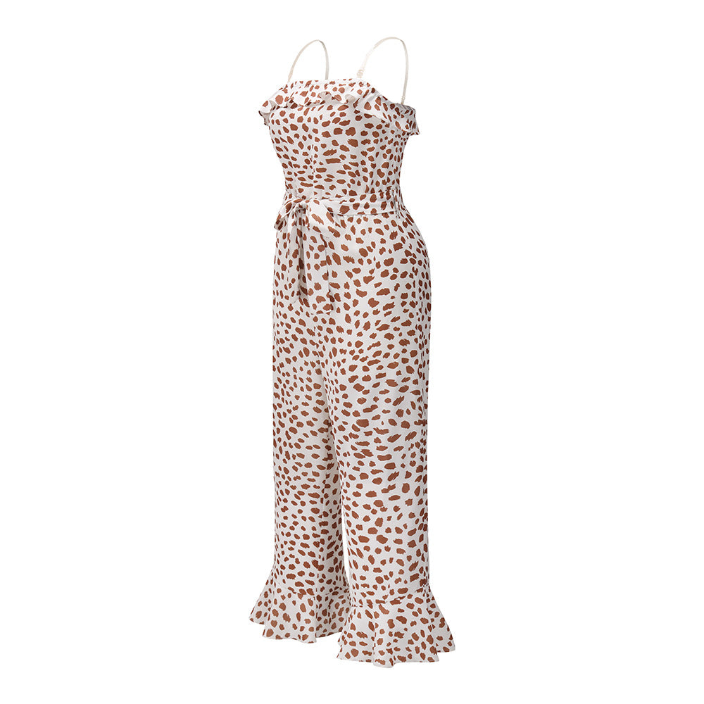 Transparent Suspenders Lace-up Ruffled Jumpsuit Tube Top Floral Loose Rompers