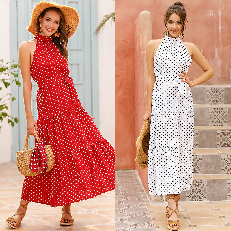 Vacation Halter Polka Dot Floral Maxi Dresses