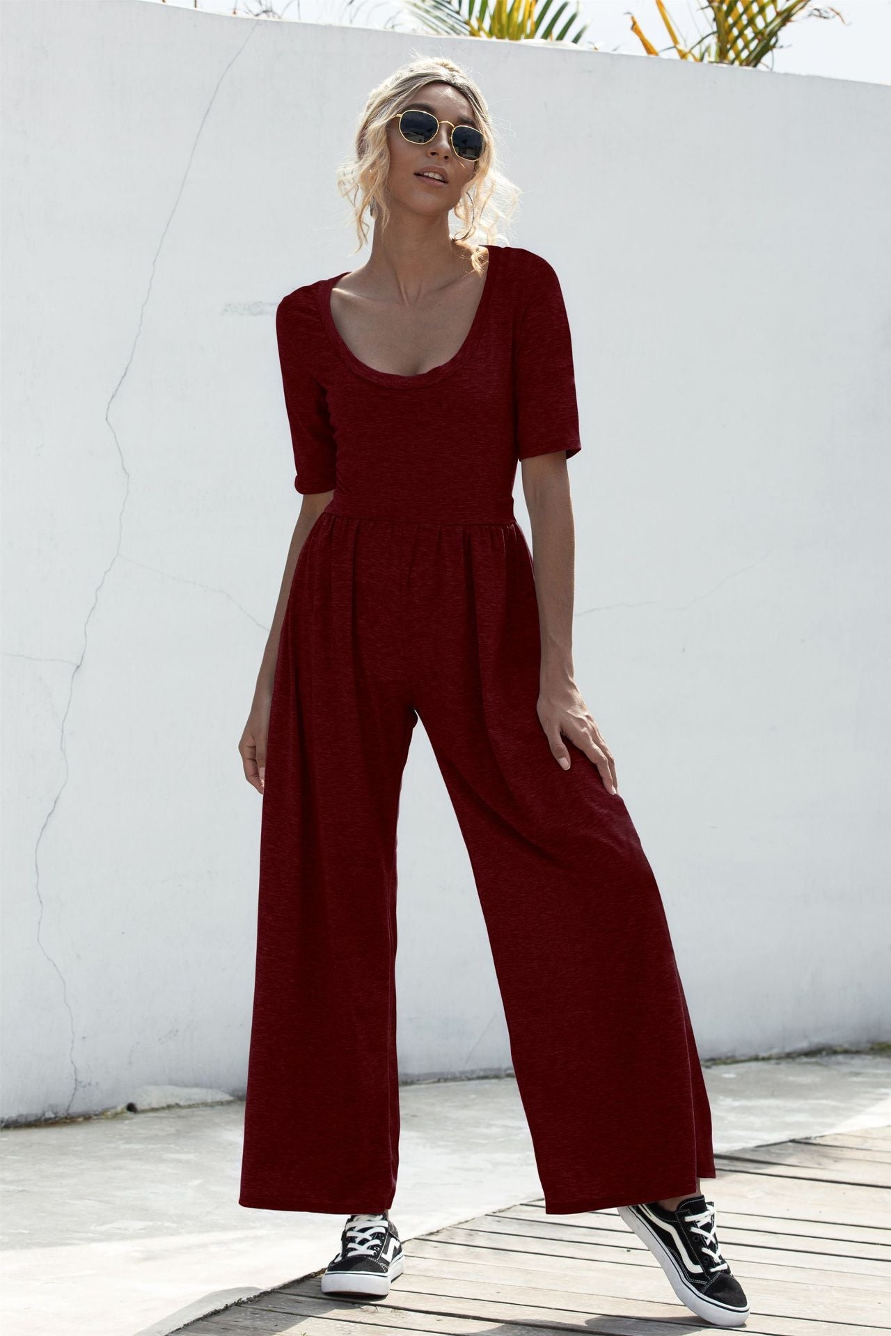 U-neck Short-sleeved Loungewear Wide-legged Jumpsuits