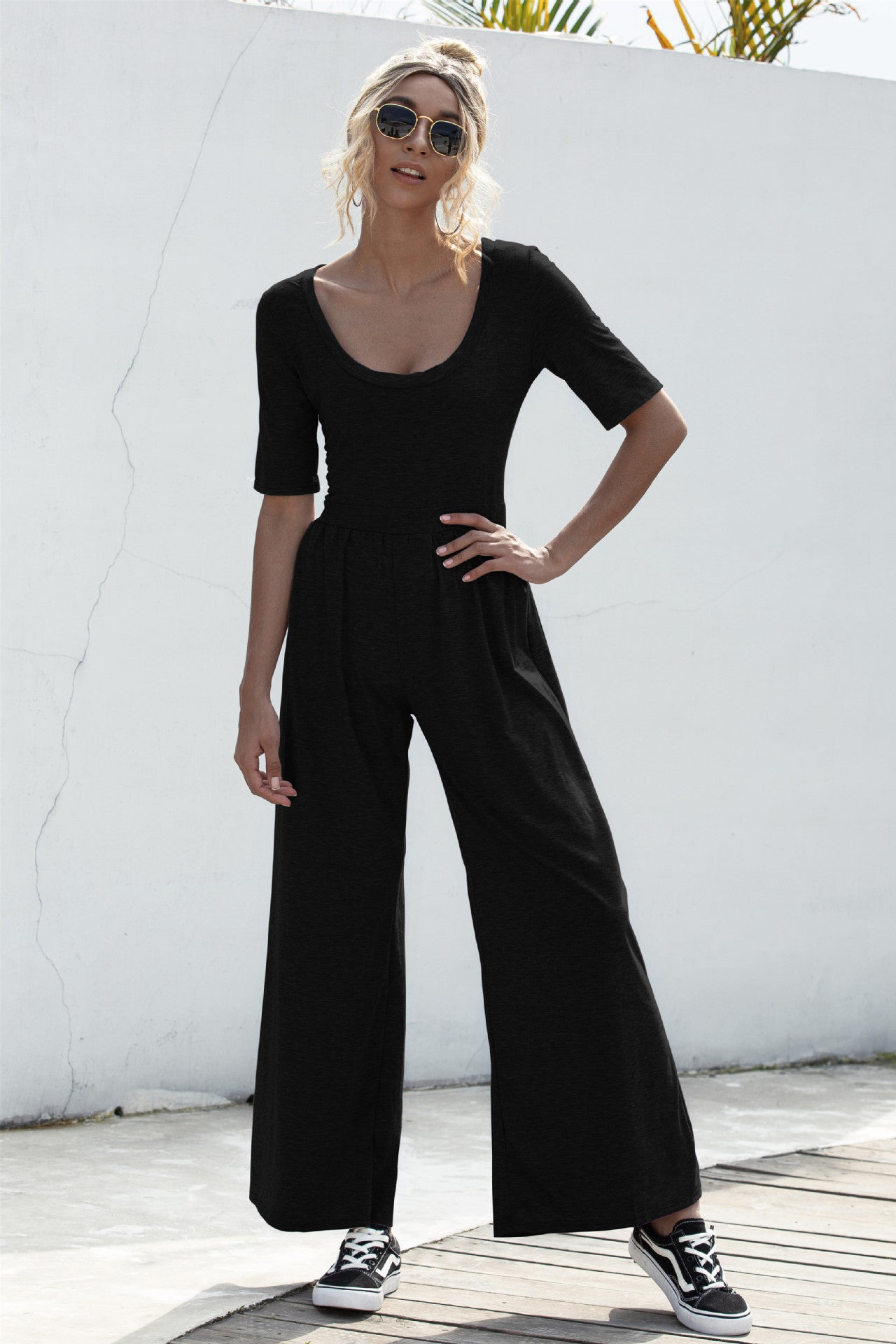 U-neck Short-sleeved Loungewear Wide-legged Jumpsuits