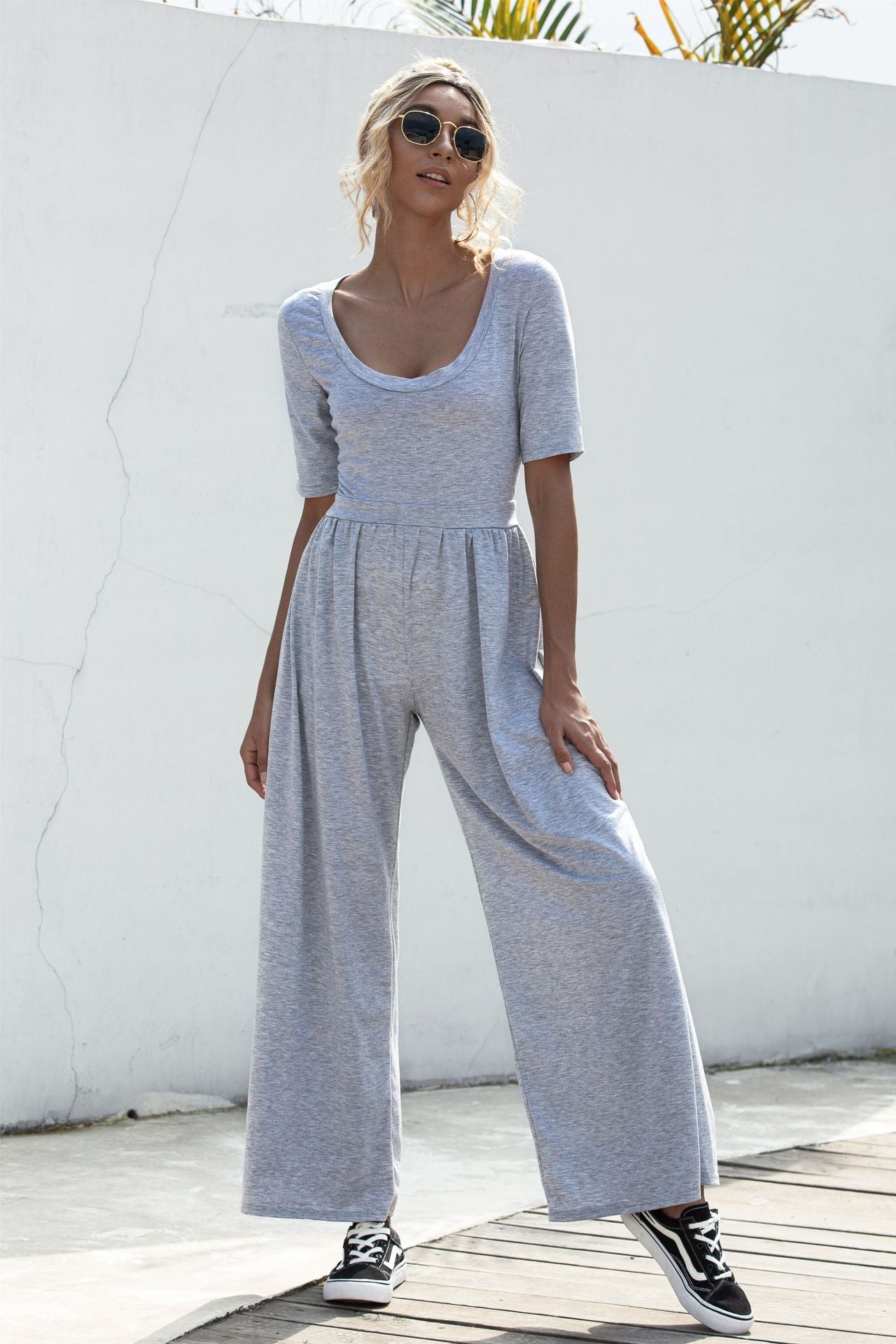 U-neck Short-sleeved Loungewear Wide-legged Jumpsuits