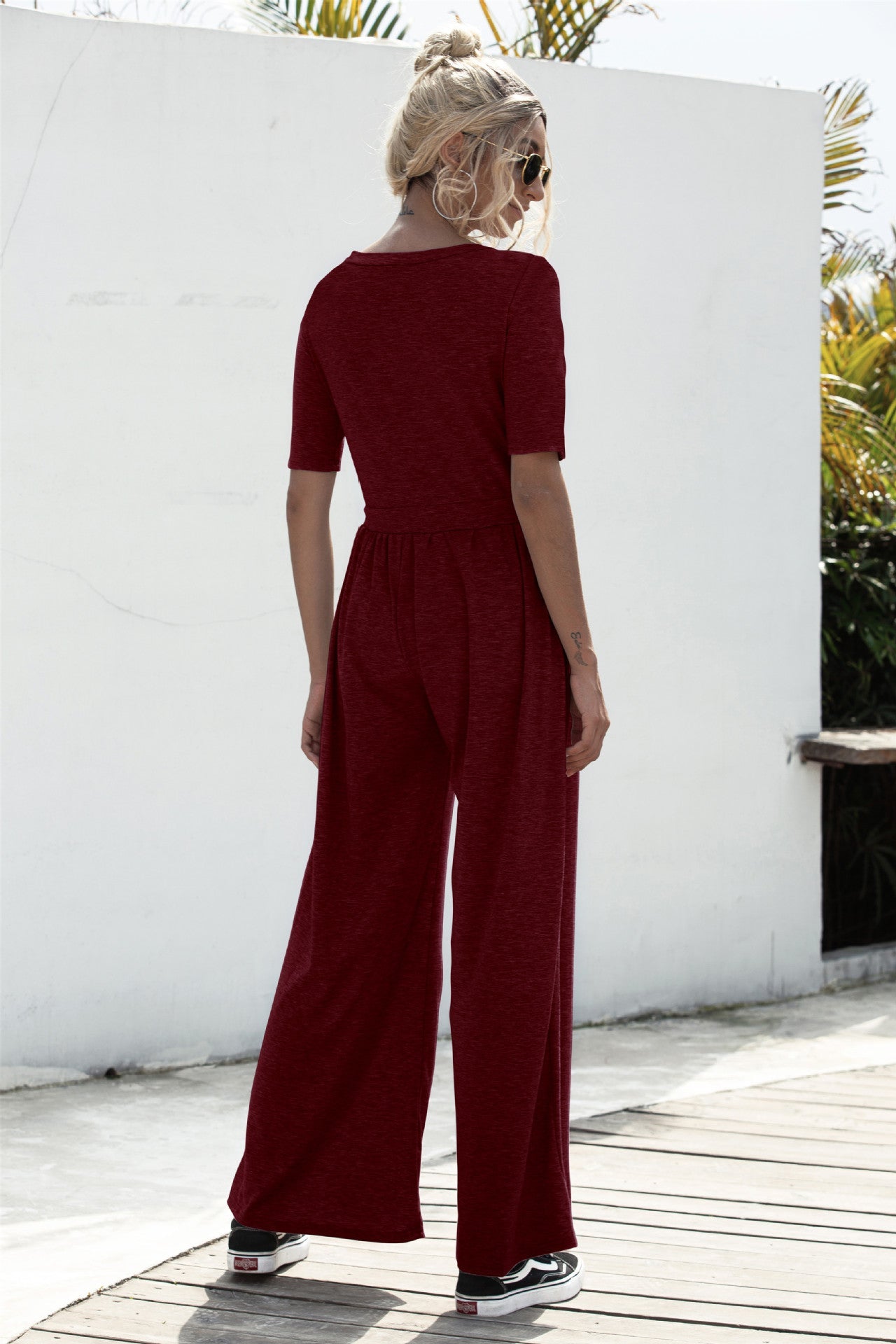 U-neck Short-sleeved Loungewear Wide-legged Jumpsuits