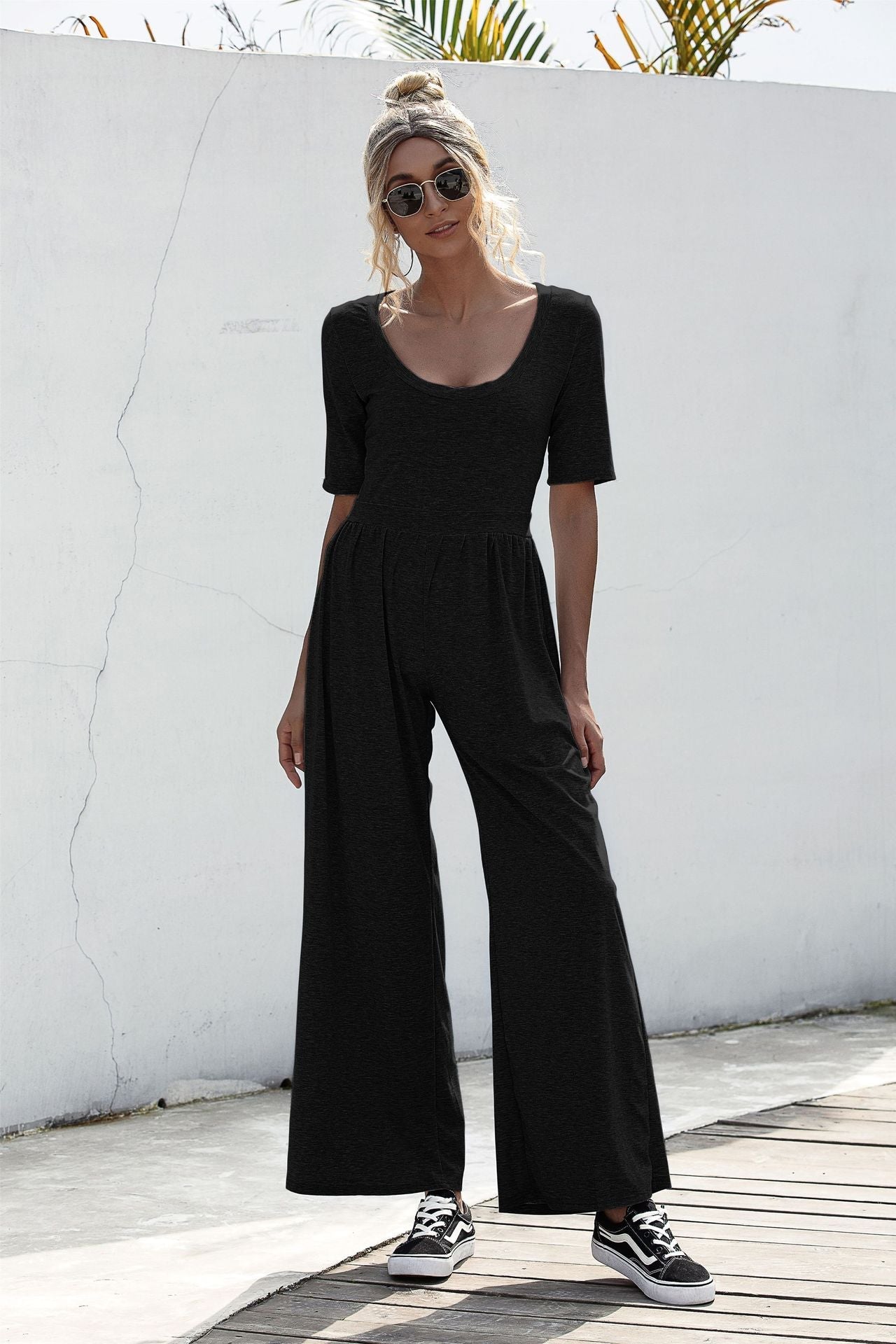 U-neck Short-sleeved Loungewear Wide-legged Jumpsuits