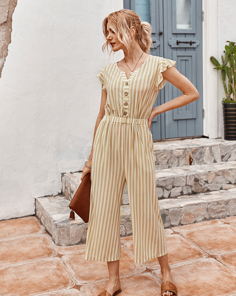 Striped Cropped Pants Jumpsuit Single-breasted Lotus Sleeve Romper