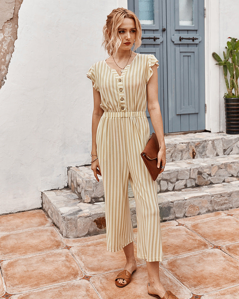 Striped Cropped Pants Jumpsuit Single-breasted Lotus Sleeve Romper