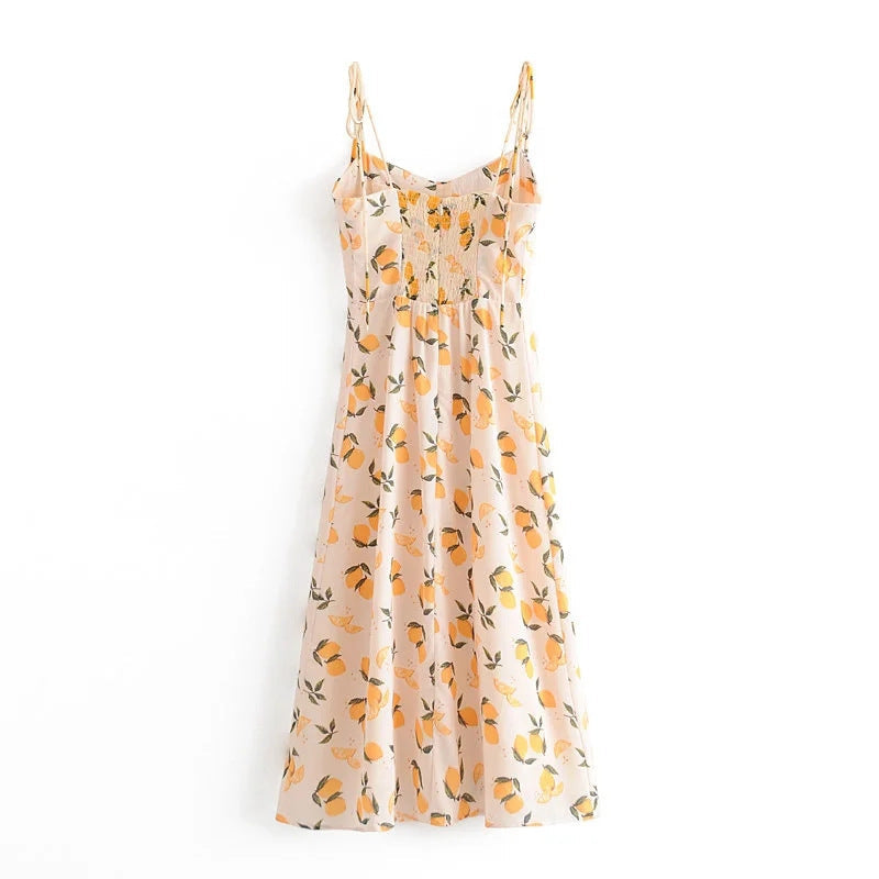 Tube Top Lace-up Lemon Floral Split Midi Dresses