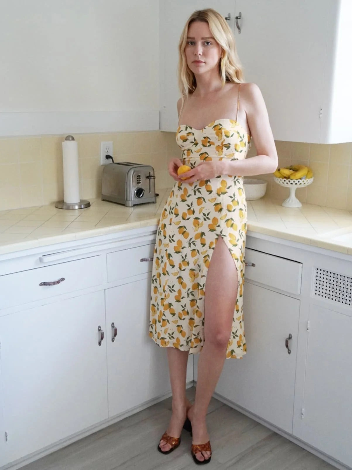 Tube Top Lace-up Lemon Floral Split Midi Dresses