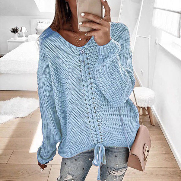 Women's Loose V-neck Stitching Sweater