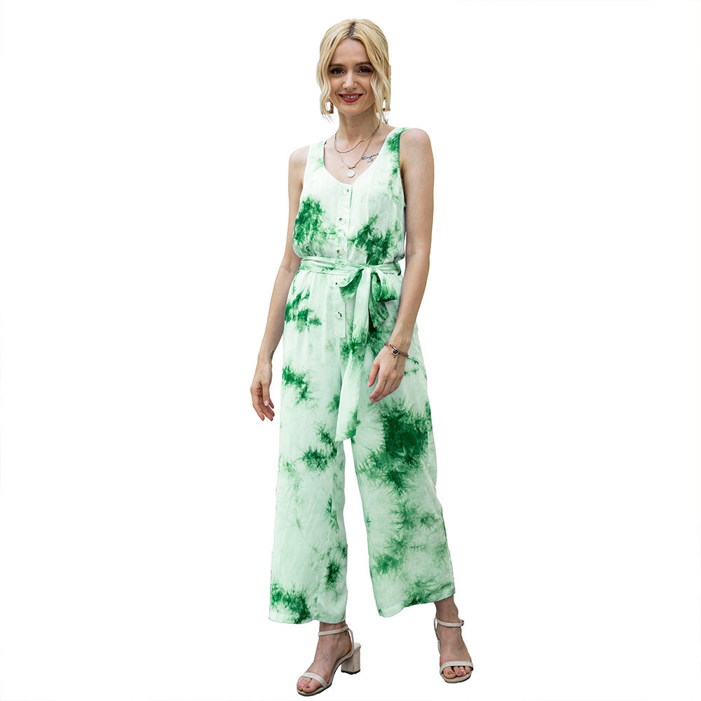 Tie Dye Single-breasted Drawstring Jumpsuit V-neck Printed Rompers