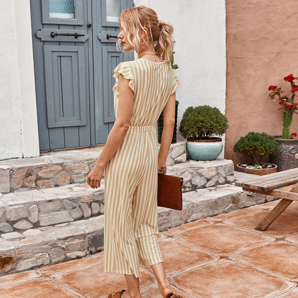 Striped Cropped Pants Jumpsuit Single-breasted Lotus Sleeve Romper