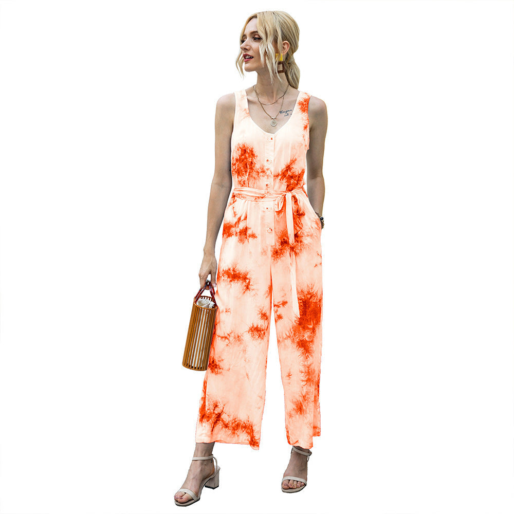 Tie Dye Single-breasted Drawstring Jumpsuit V-neck Printed Rompers