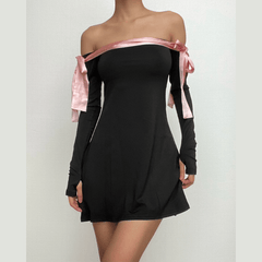 Bowknot contrast gloves long sleeve 3-way off shoulder mini dress