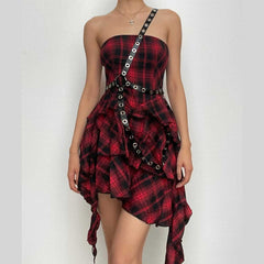 Ruffle plaid zip-up irregular one shoulder backless mini dress