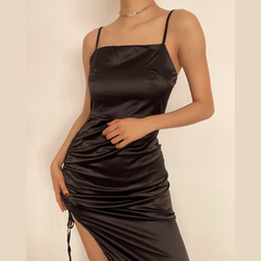 Square neck drawstring ruched slit satin midi dress