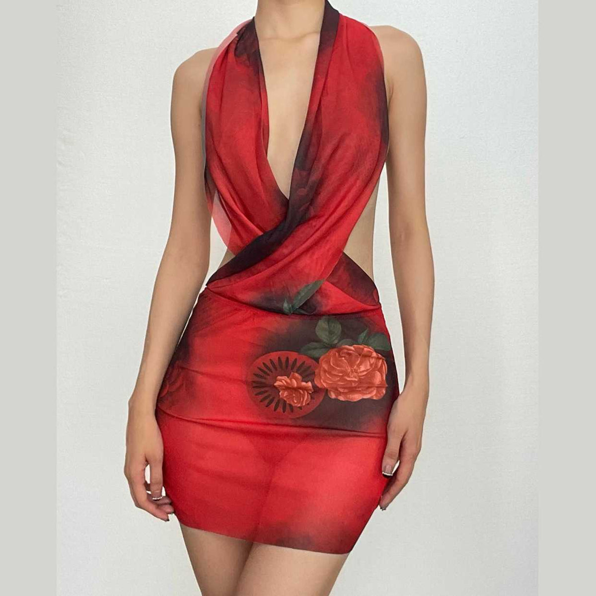 Sheer mesh see through cross front low cut halter backless mini dress