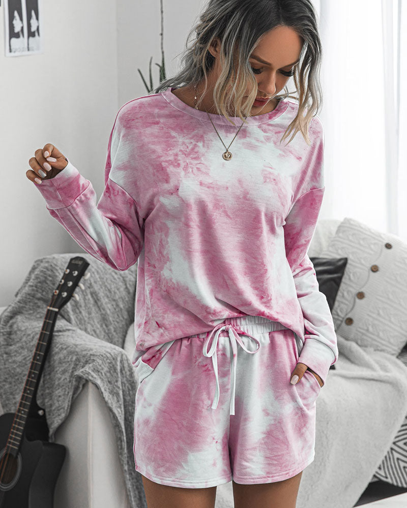 Tie-Dye Two-piece Cotton T-Shirt Lace-up Shorts Loungewear