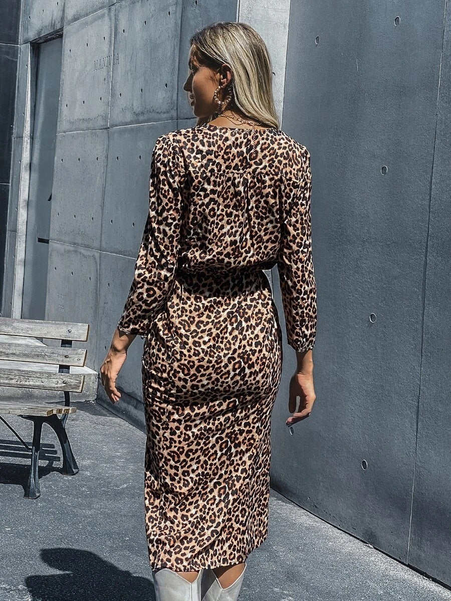 V-neck Leopard Pleated Slit Drawstring Midi Dresses