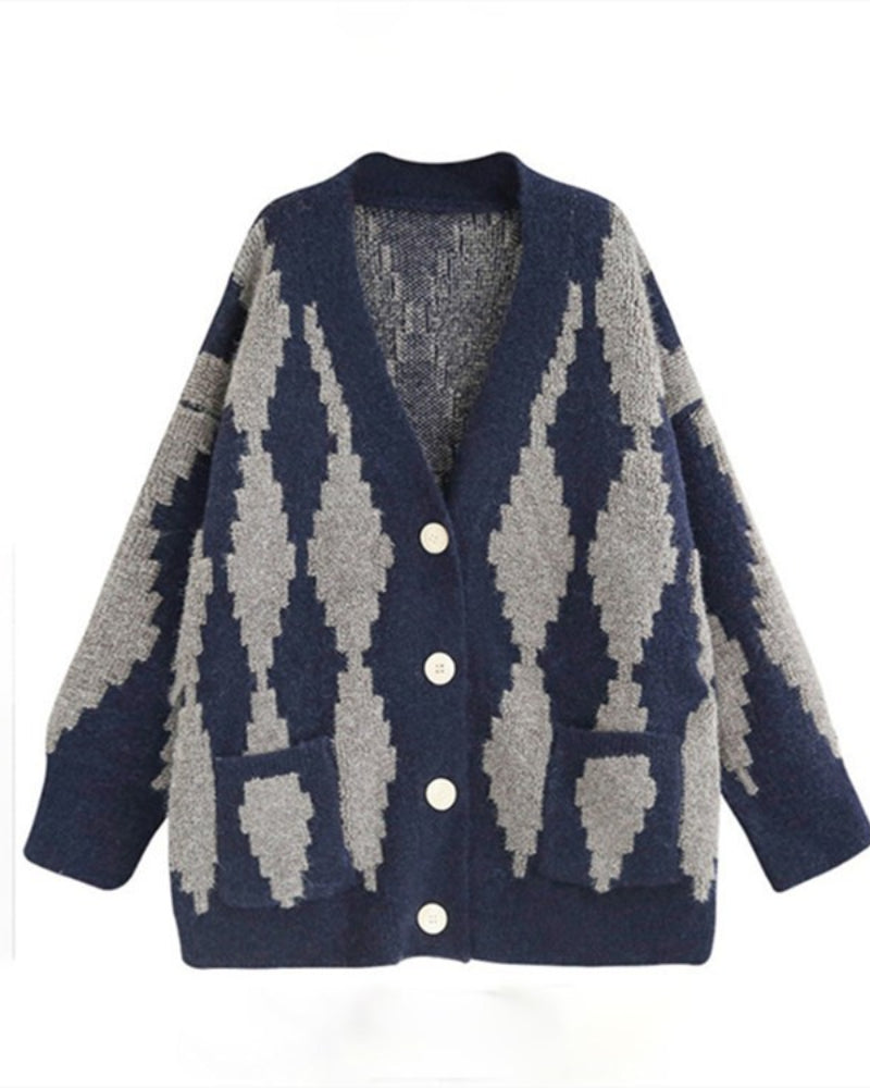 V-neck Single-breasted Contrast Color Argyle Pattern Cardigan Sweater