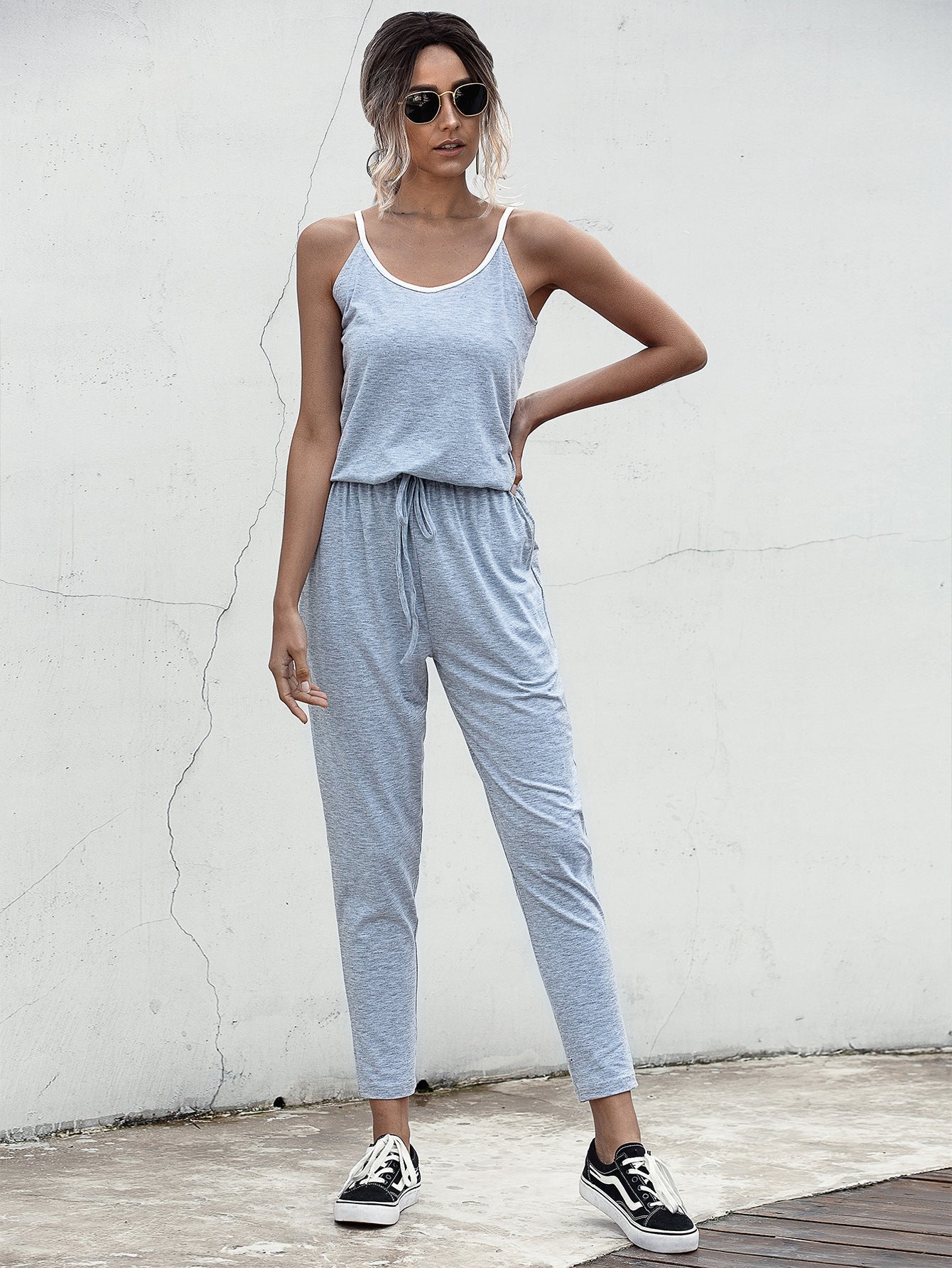 Suspenders Jumpsuit Drawstring Lace-up Rompers With Pocket