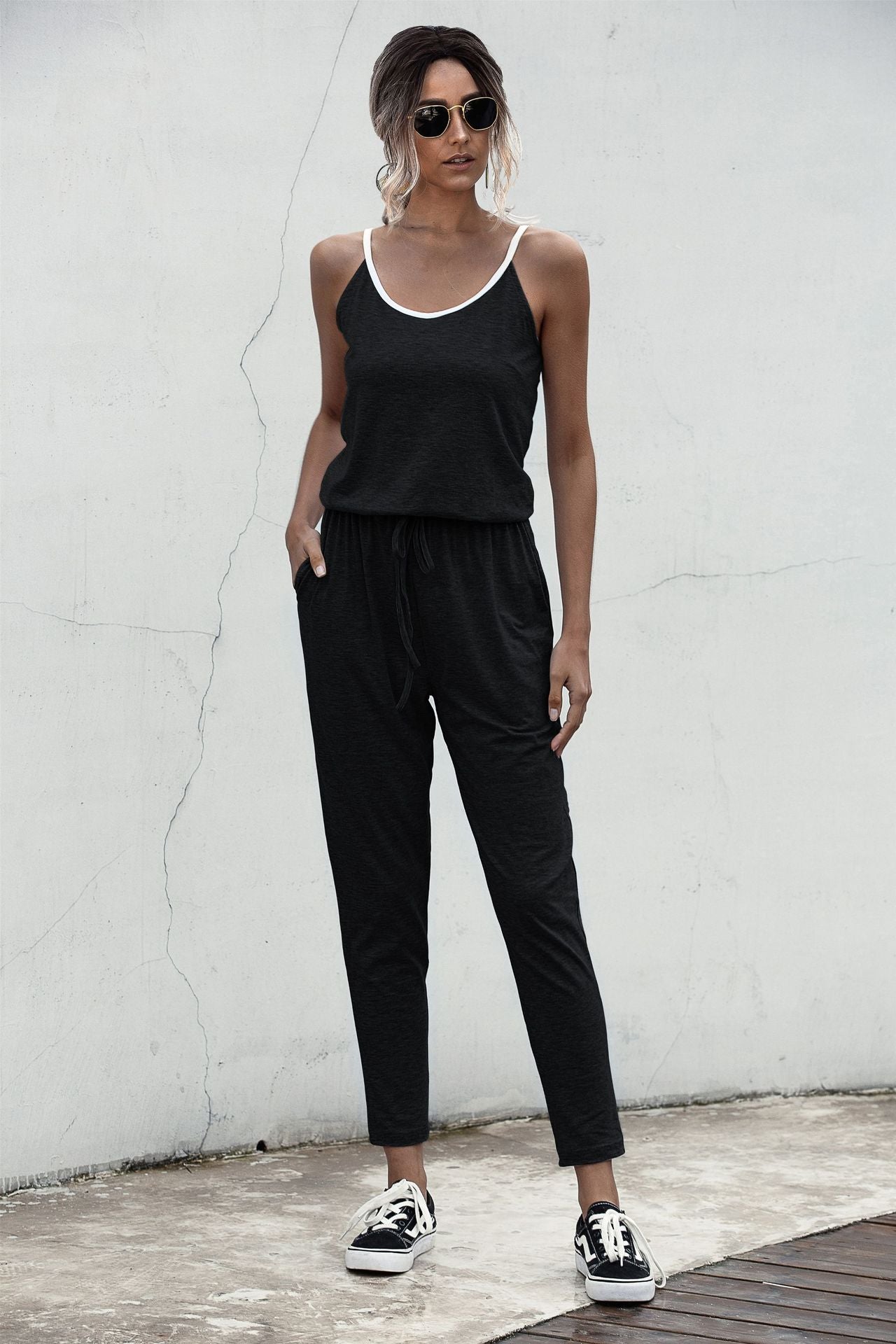 Suspenders Jumpsuit Drawstring Lace-up Rompers With Pocket