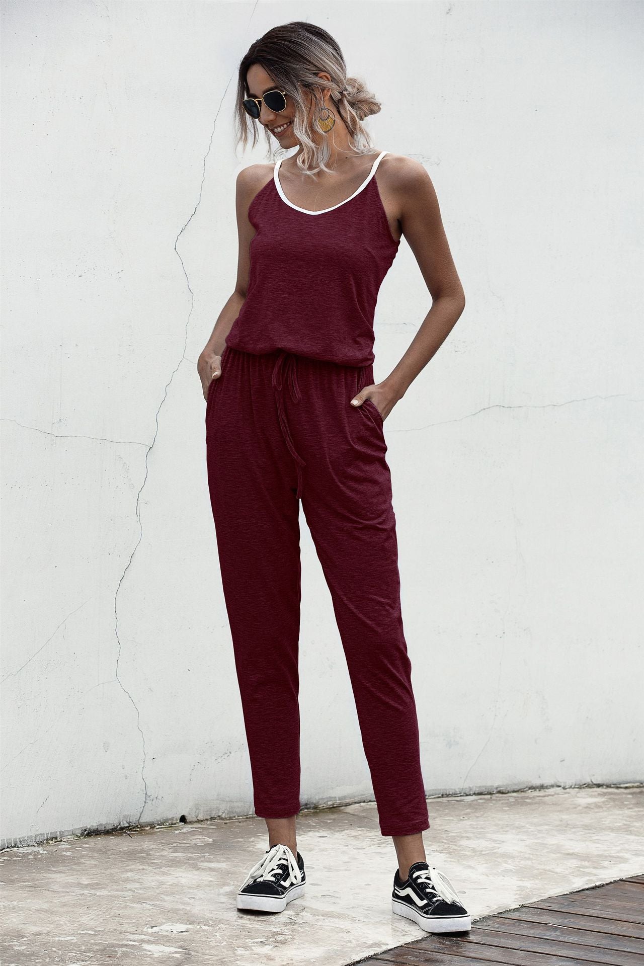 Suspenders Jumpsuit Drawstring Lace-up Rompers With Pocket