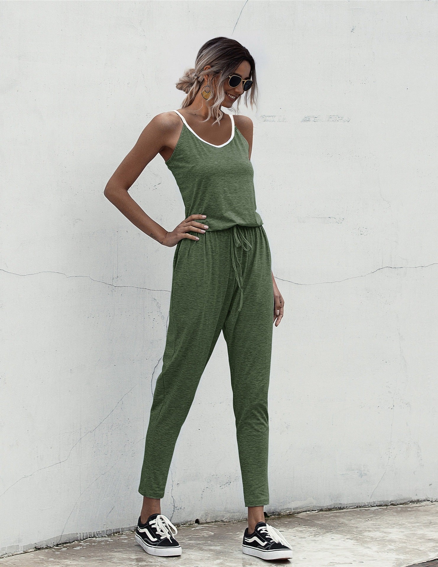 Suspenders Jumpsuit Drawstring Lace-up Rompers With Pocket