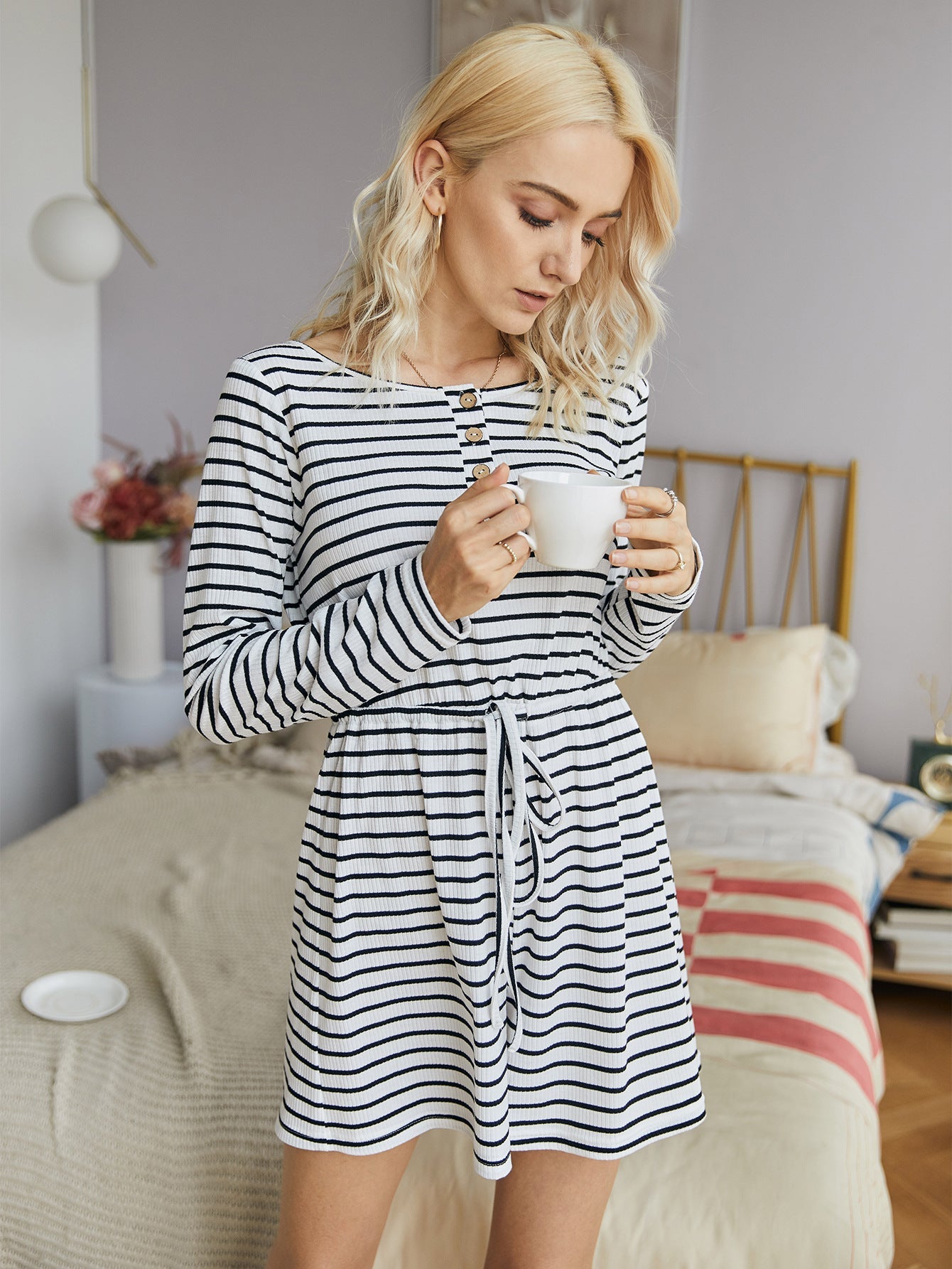 Striped Lace-up Single-breasted Jumpsuits Loungewear Rompers