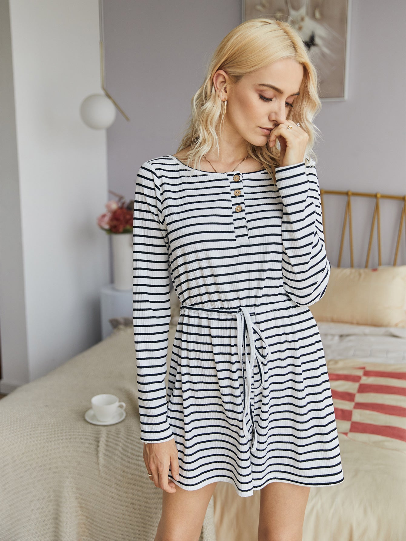 Striped Lace-up Single-breasted Jumpsuits Loungewear Rompers