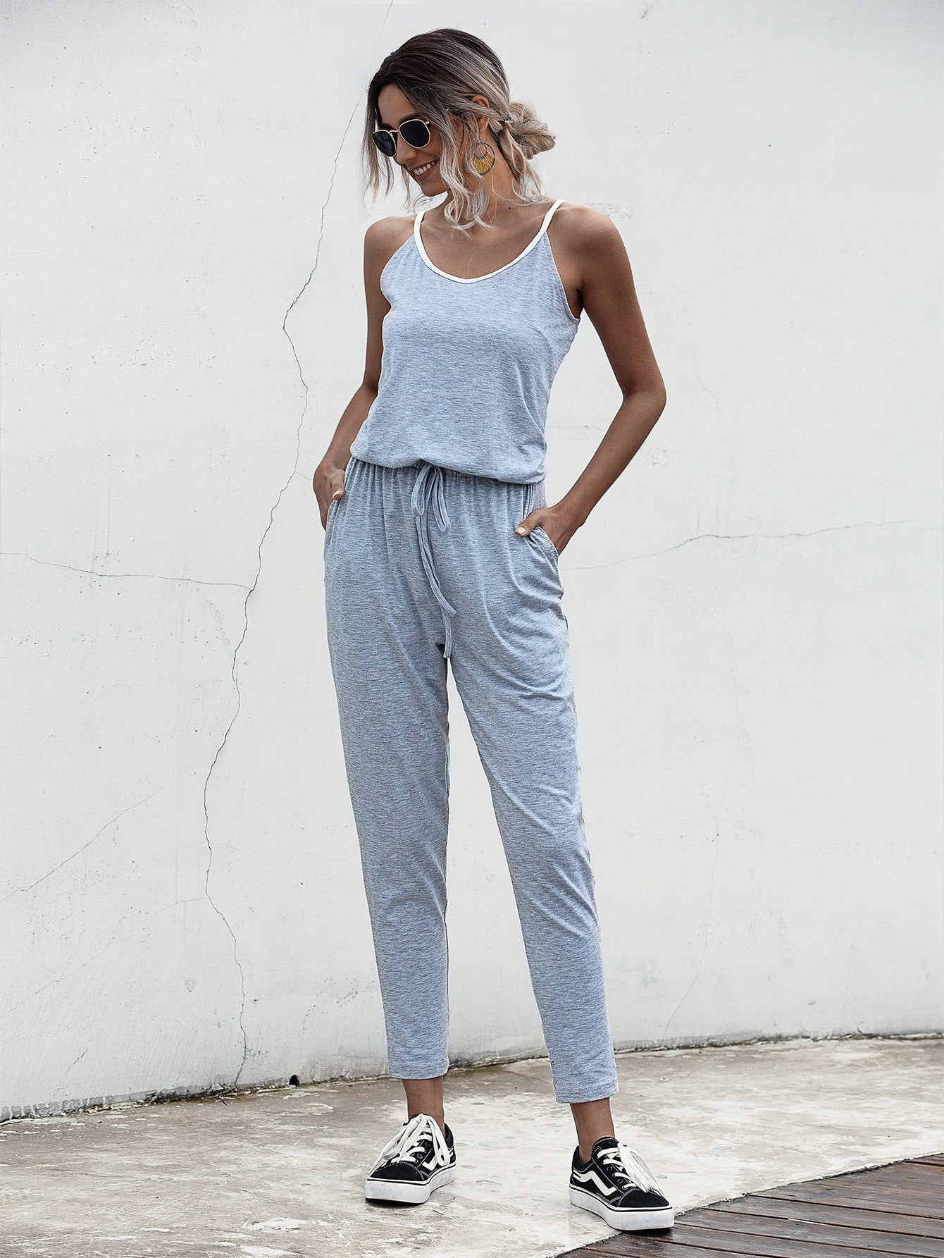 Suspenders Jumpsuit Drawstring Lace-up Rompers With Pocket
