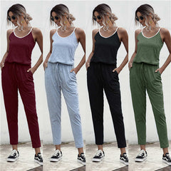 Suspenders Jumpsuit Drawstring Lace-up Rompers With Pocket