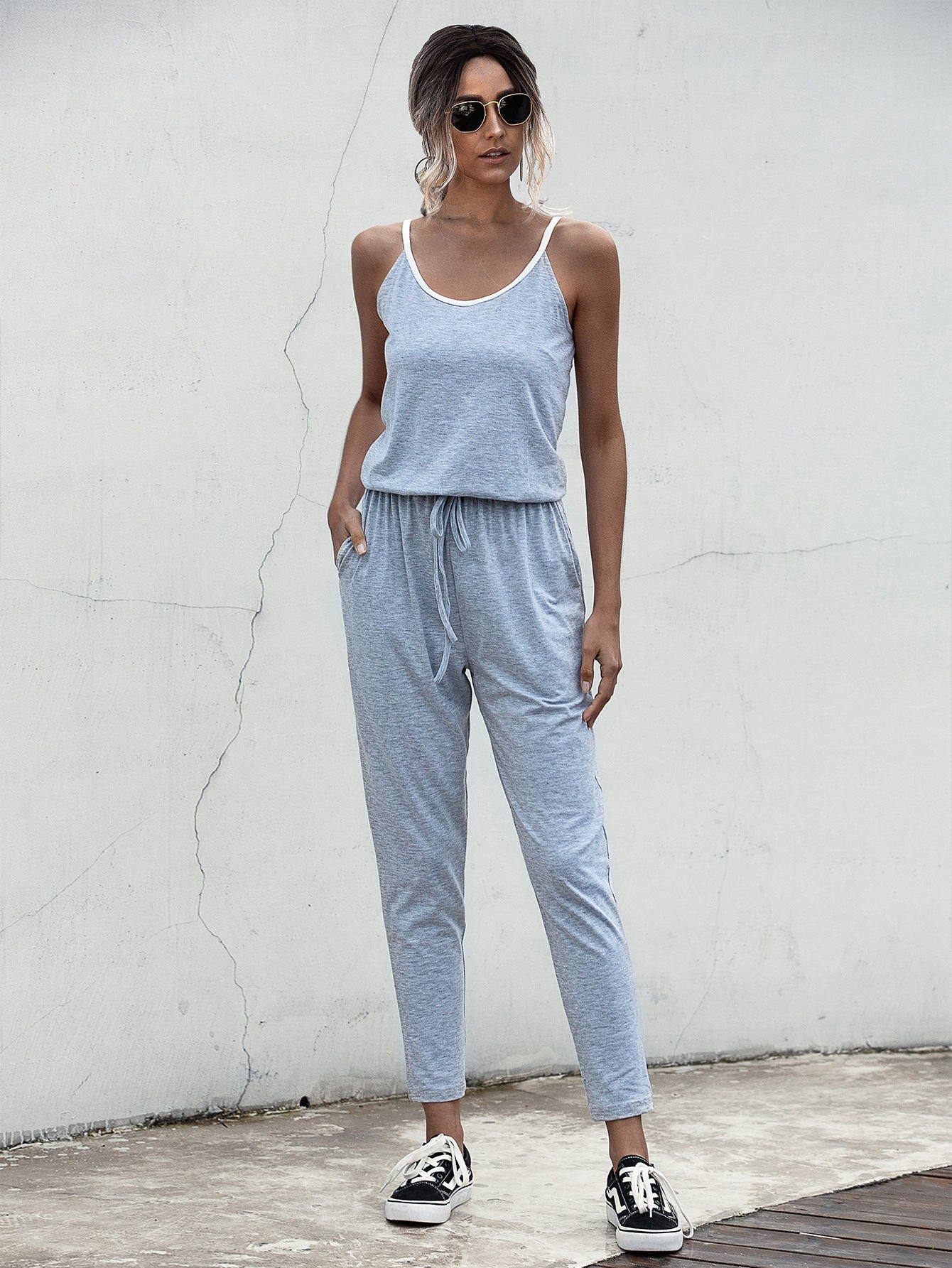 Suspenders Jumpsuit Drawstring Lace-up Rompers With Pocket