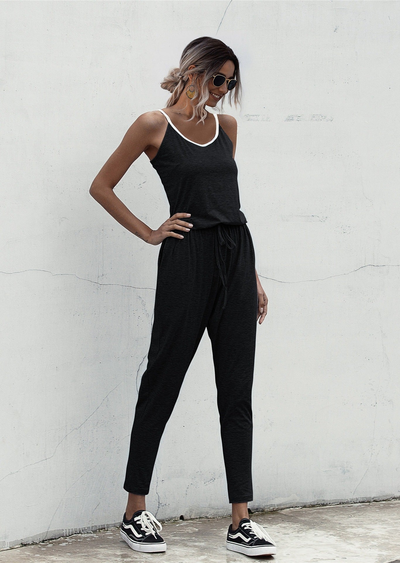 Suspenders Jumpsuit Drawstring Lace-up Rompers With Pocket