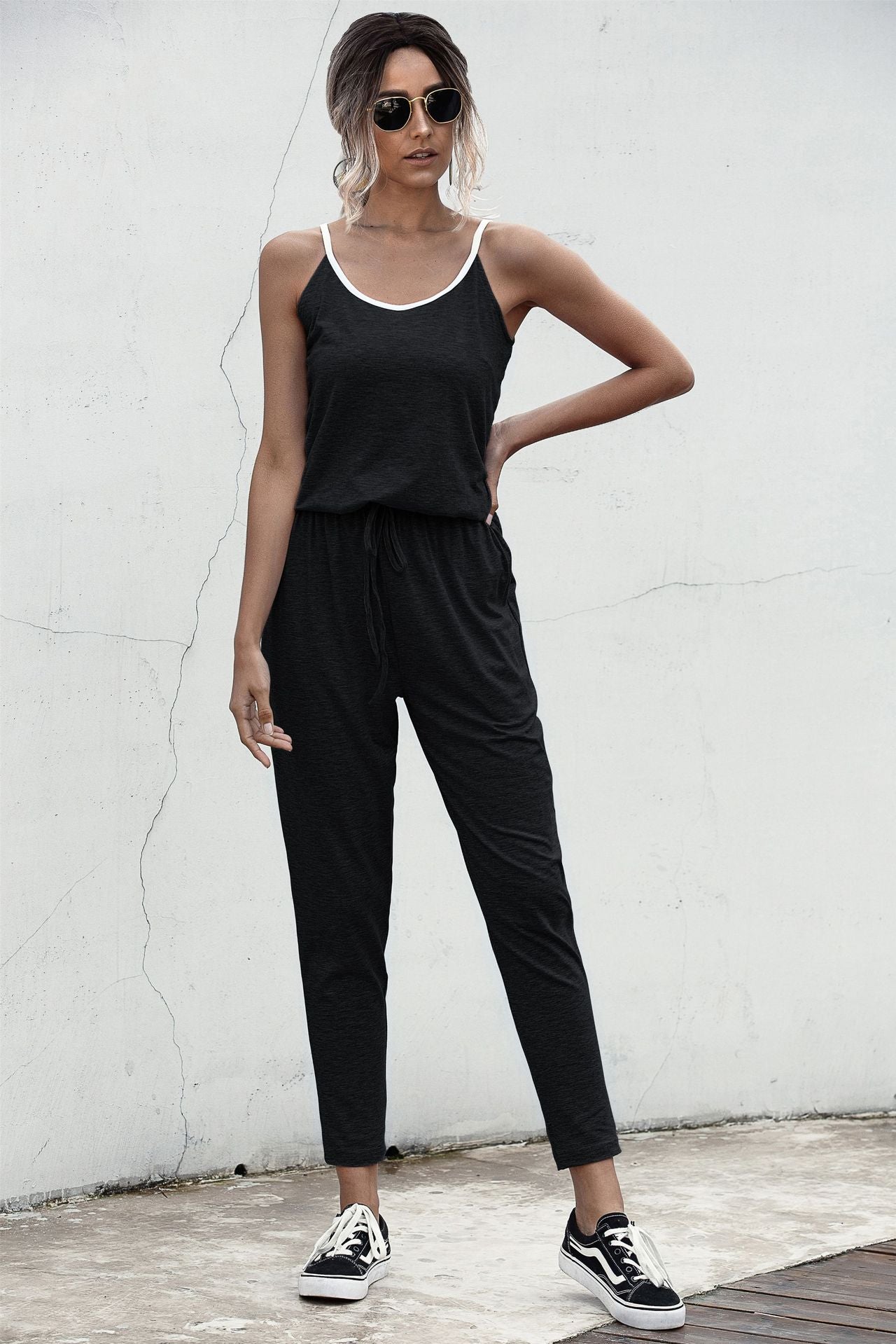 Suspenders Jumpsuit Drawstring Lace-up Rompers With Pocket