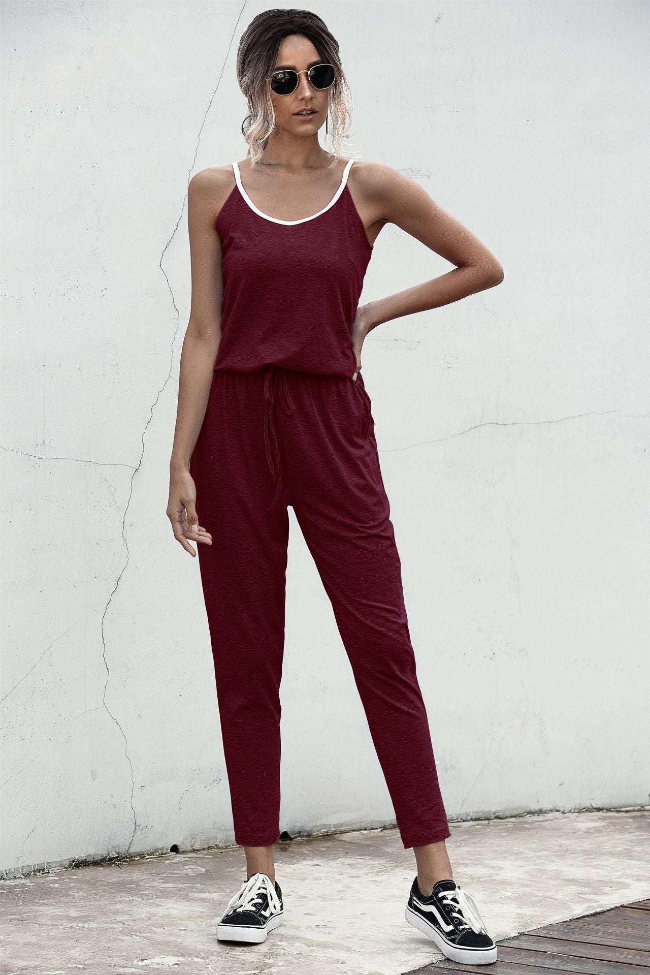 Suspenders Jumpsuit Drawstring Lace-up Rompers With Pocket