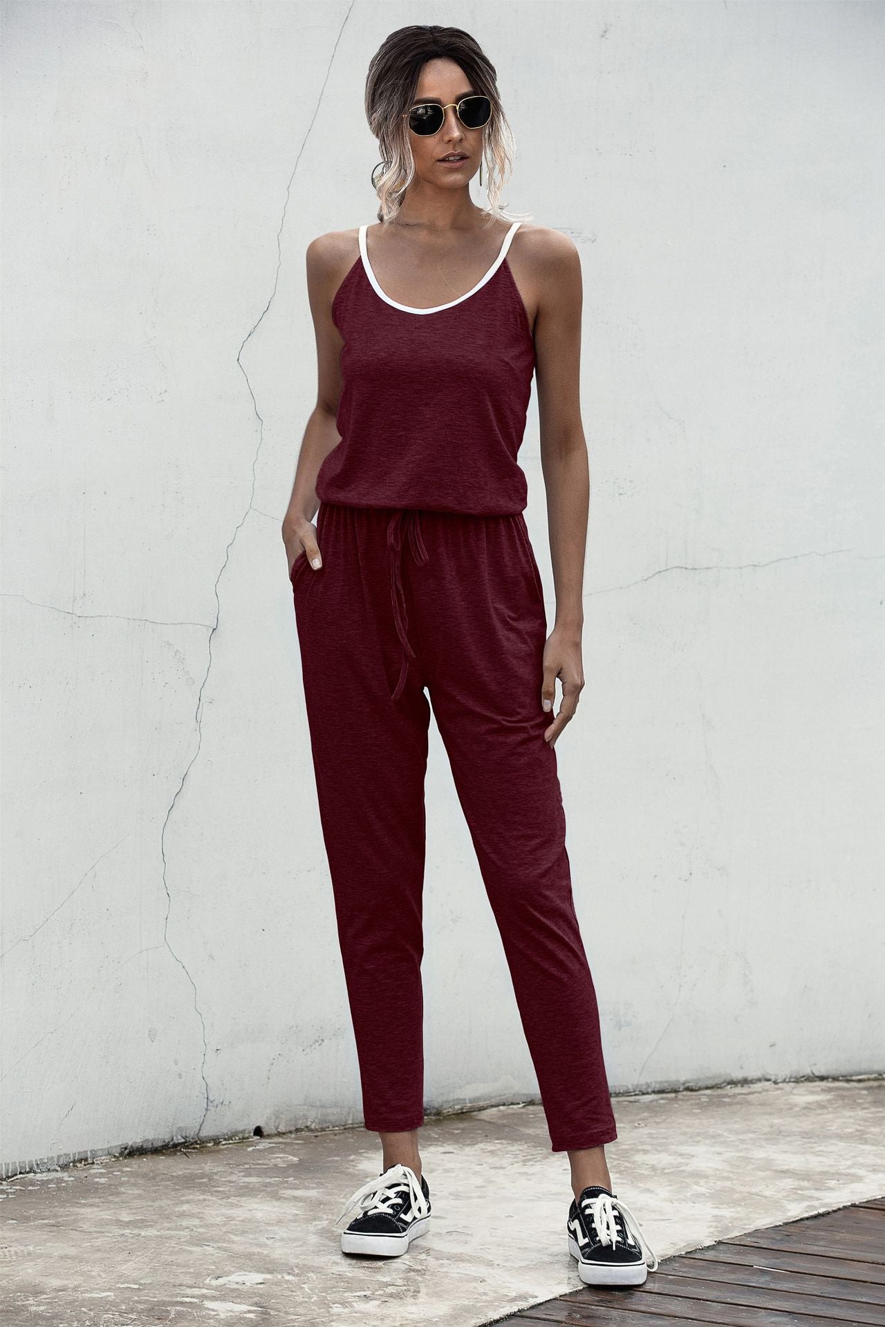 Suspenders Jumpsuit Drawstring Lace-up Rompers With Pocket