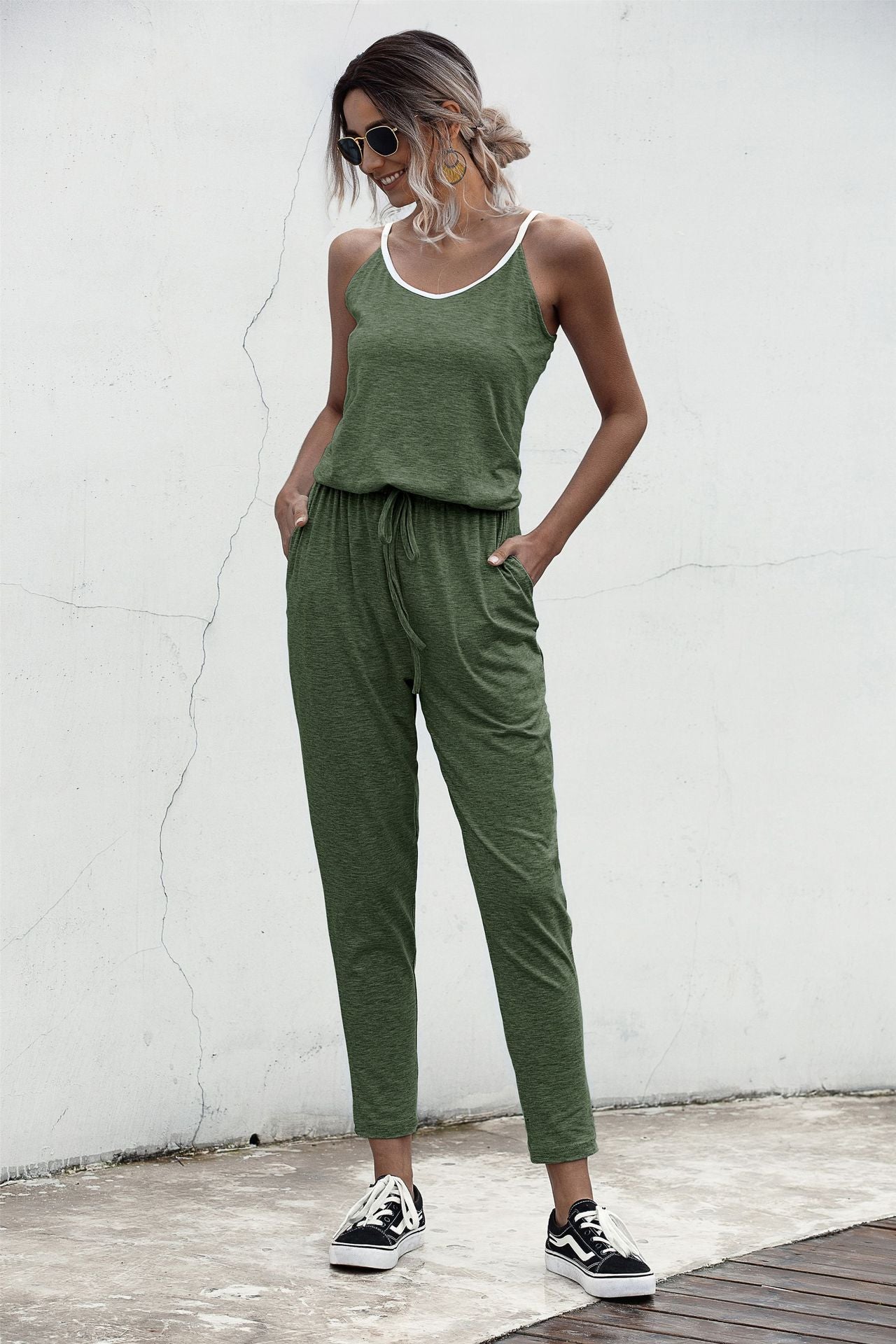 Suspenders Jumpsuit Drawstring Lace-up Rompers With Pocket