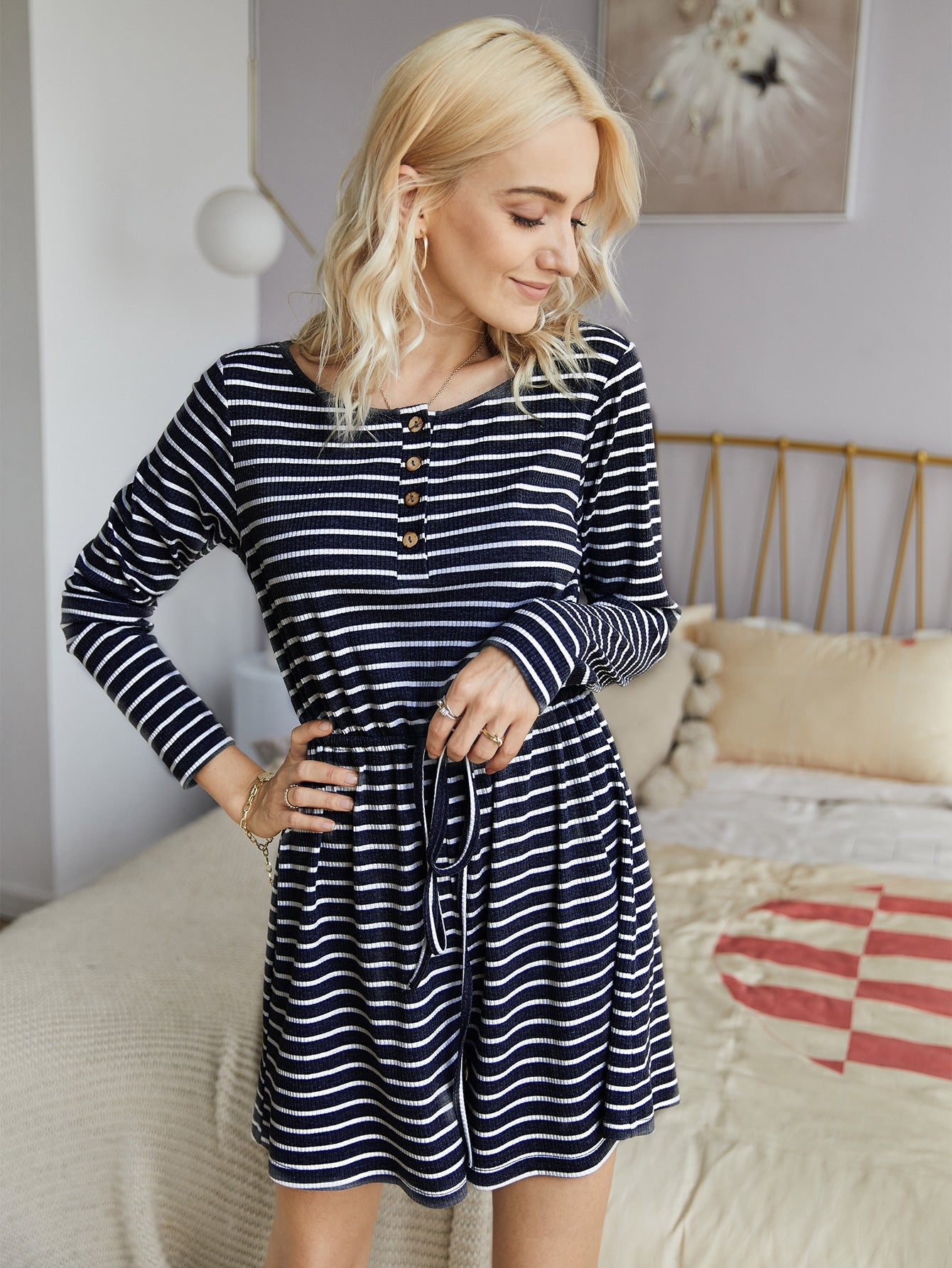 Striped Lace-up Single-breasted Jumpsuits Loungewear Rompers