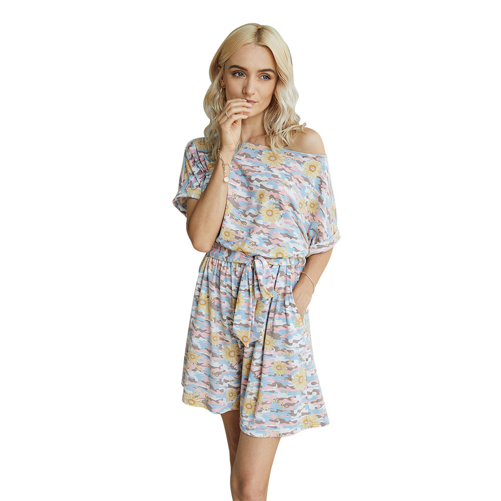 Tie Dye Elastic Waist Lace-up Jumpsuit Daisy Floral Print Loungewear Rompers