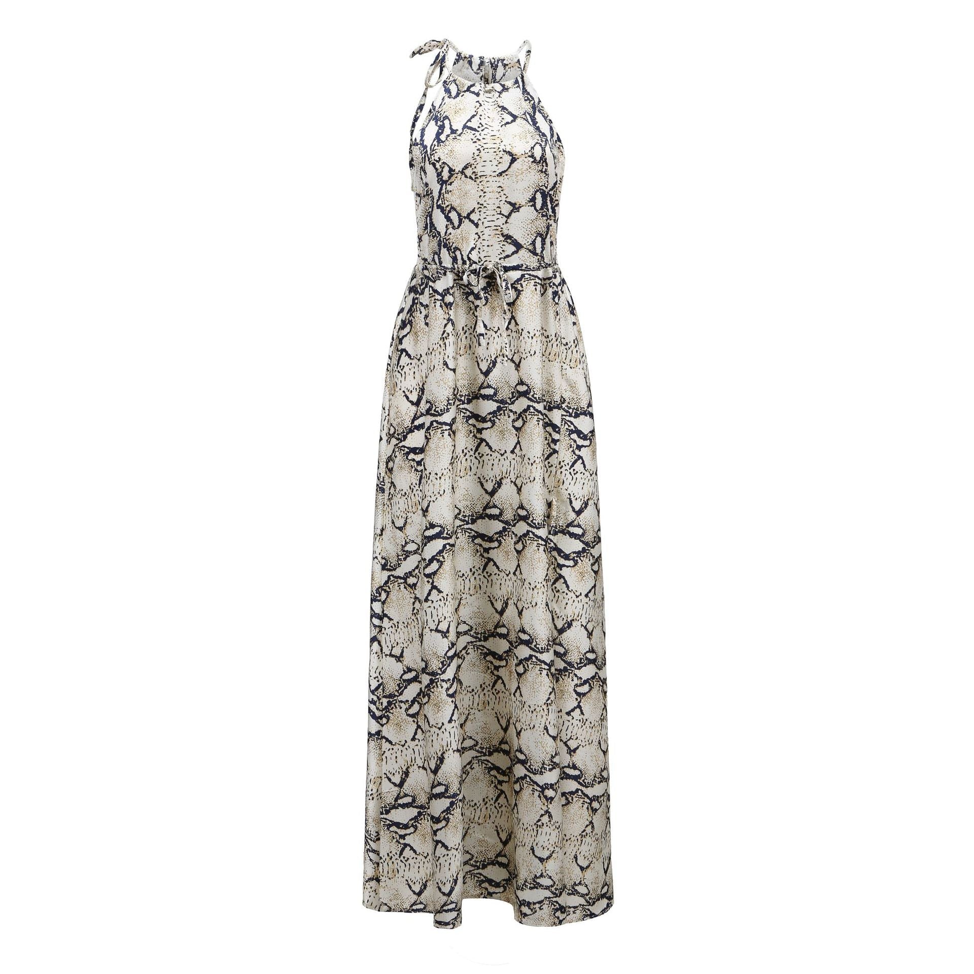 Snakeskin Grain Printed Halter Elastic Waist Split Maxi Dresses