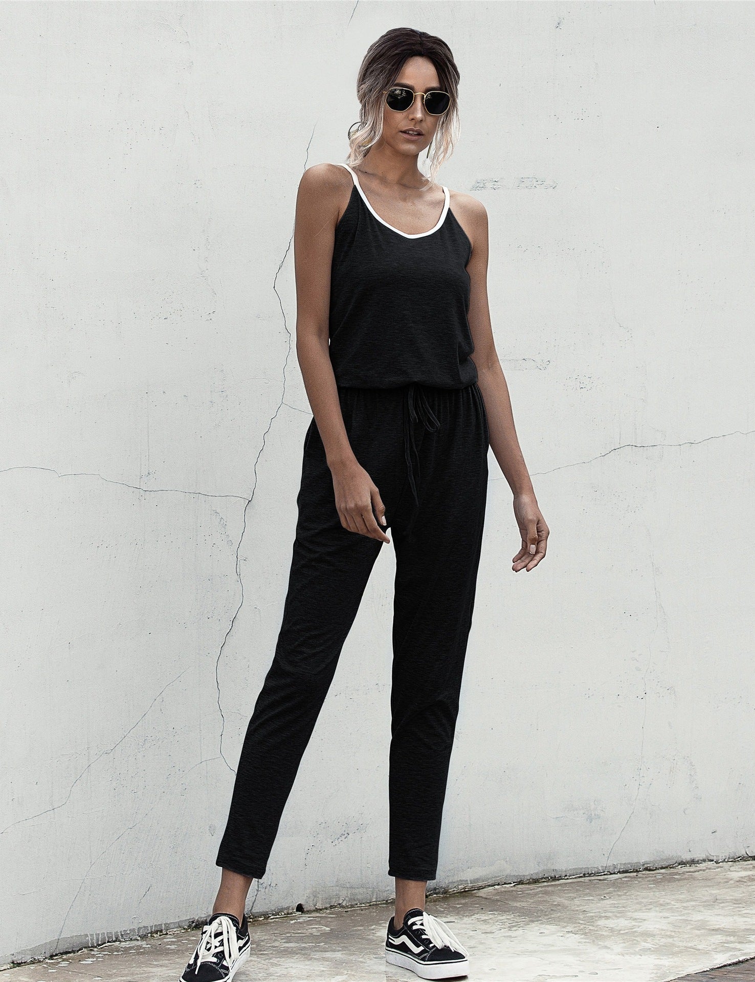 Suspenders Jumpsuit Drawstring Lace-up Rompers With Pocket