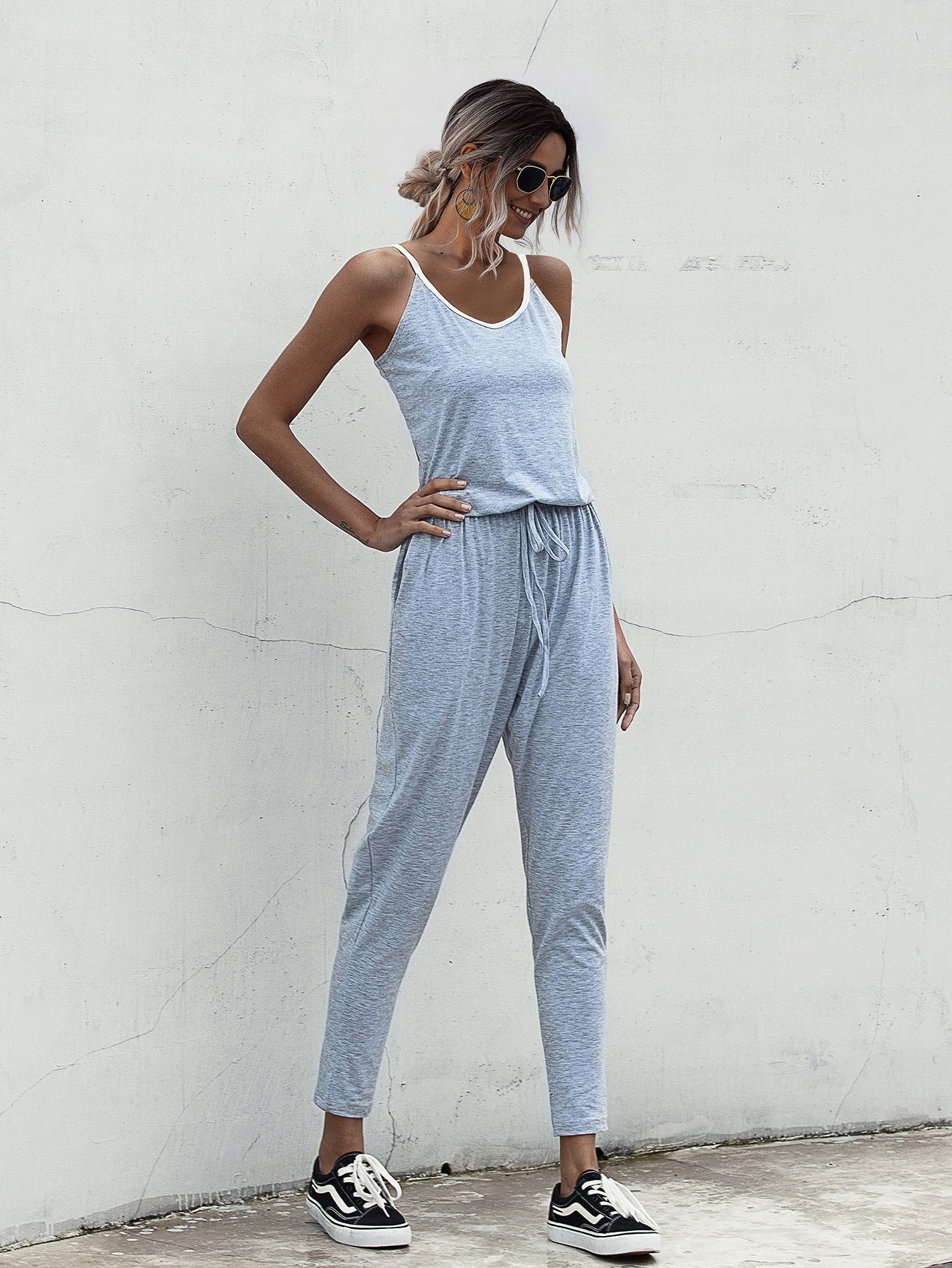 Suspenders Jumpsuit Drawstring Lace-up Rompers With Pocket