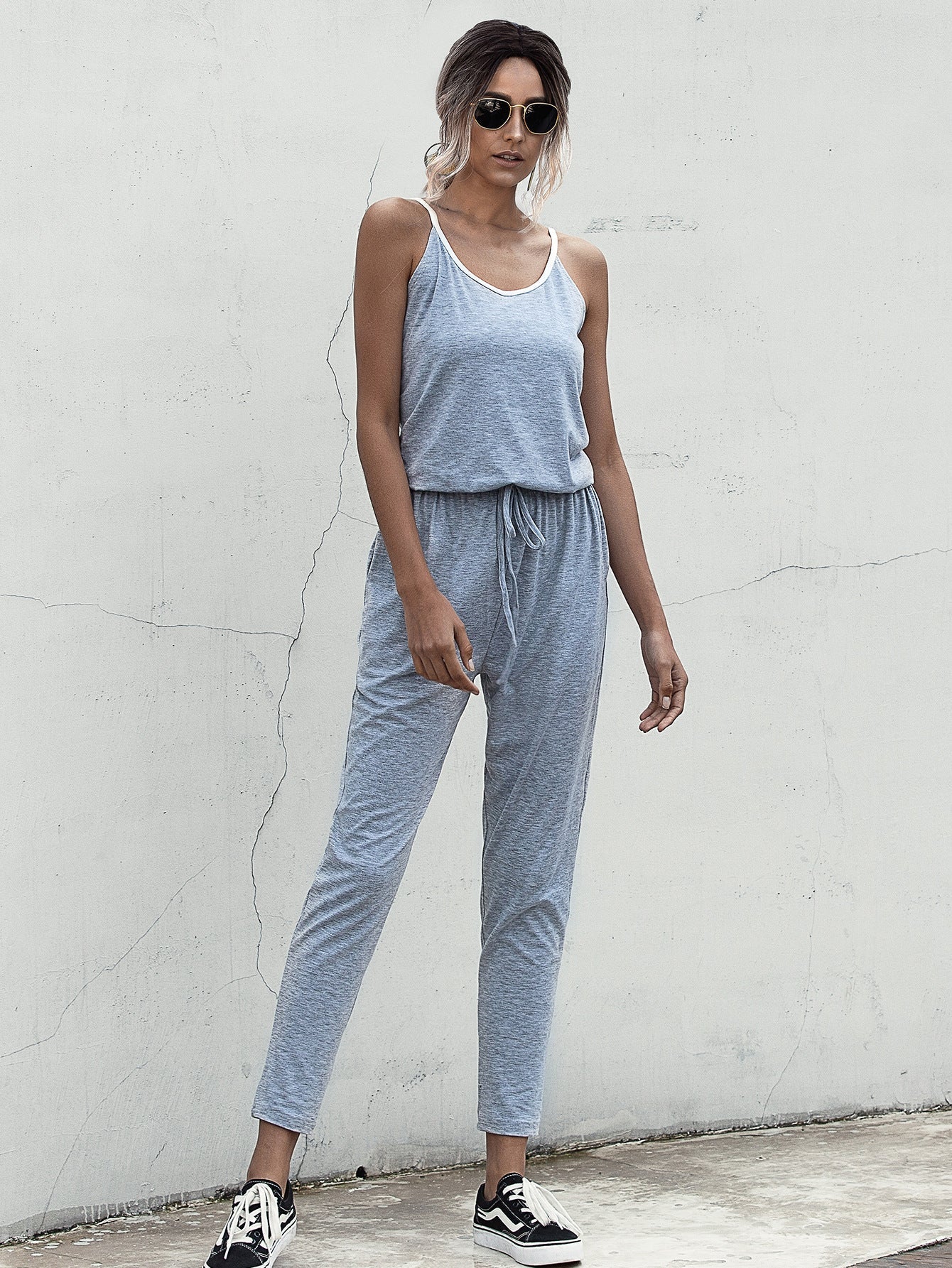 Suspenders Jumpsuit Drawstring Lace-up Rompers With Pocket
