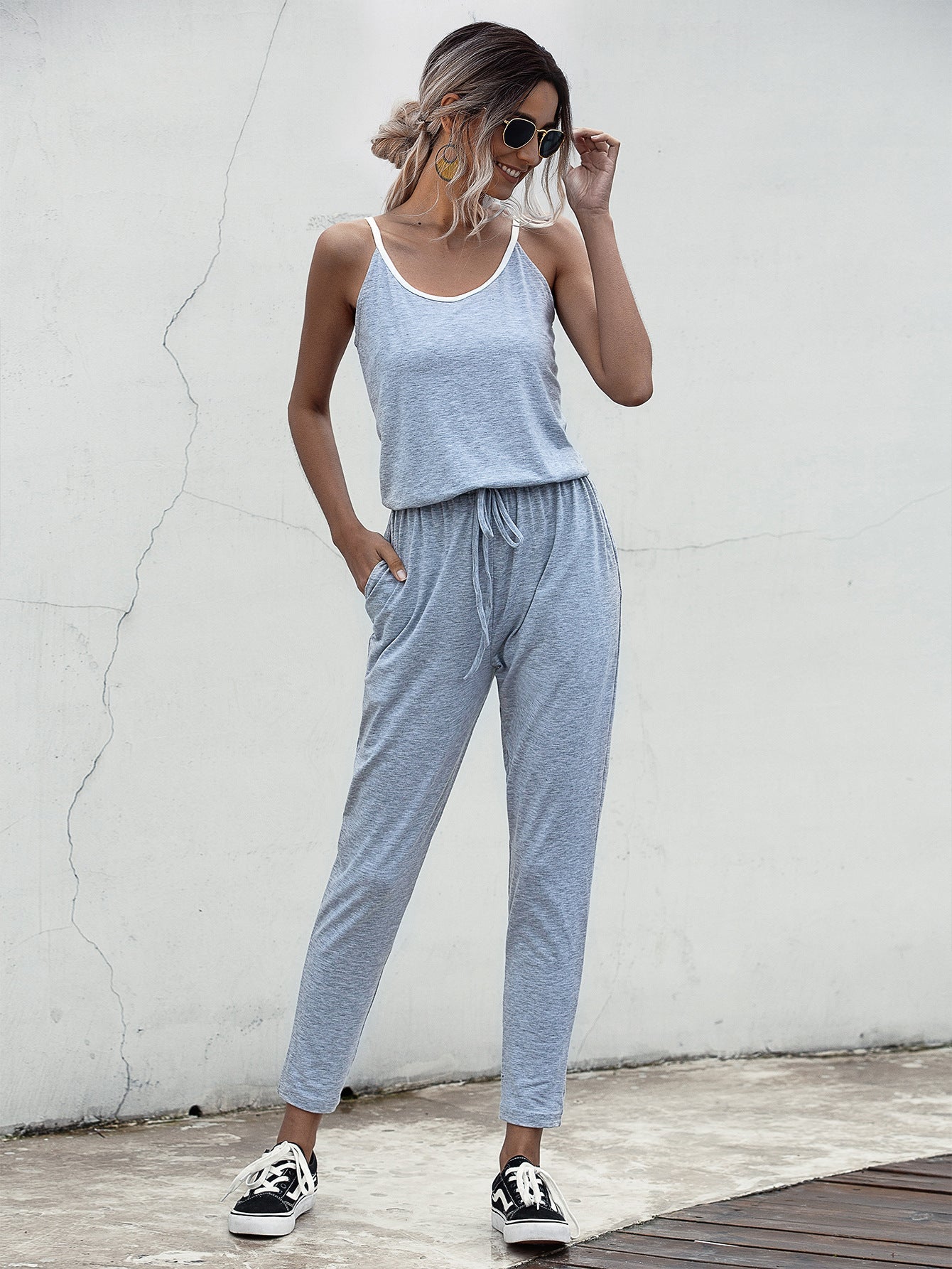 Suspenders Jumpsuit Drawstring Lace-up Rompers With Pocket