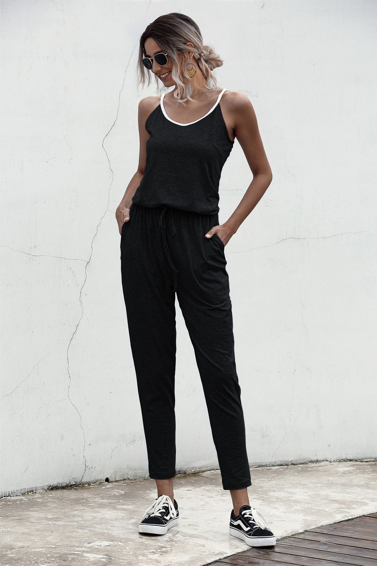 Suspenders Jumpsuit Drawstring Lace-up Rompers With Pocket