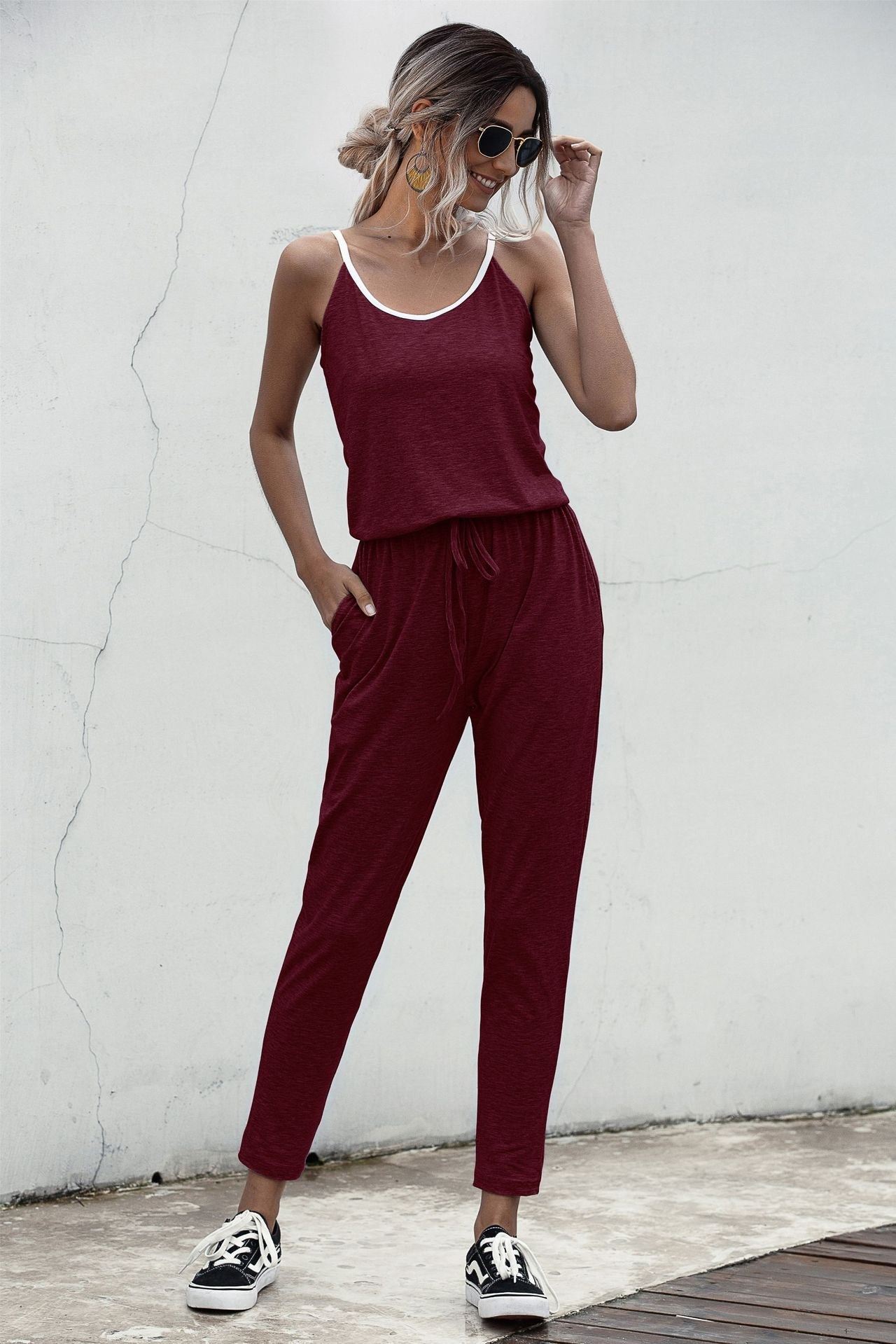 Suspenders Jumpsuit Drawstring Lace-up Rompers With Pocket