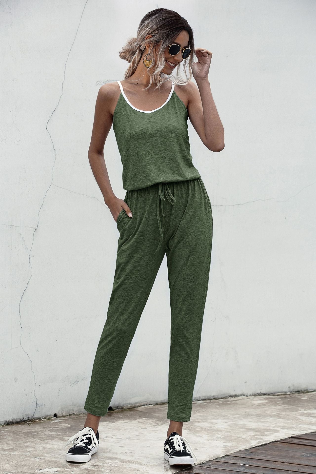 Suspenders Jumpsuit Drawstring Lace-up Rompers With Pocket