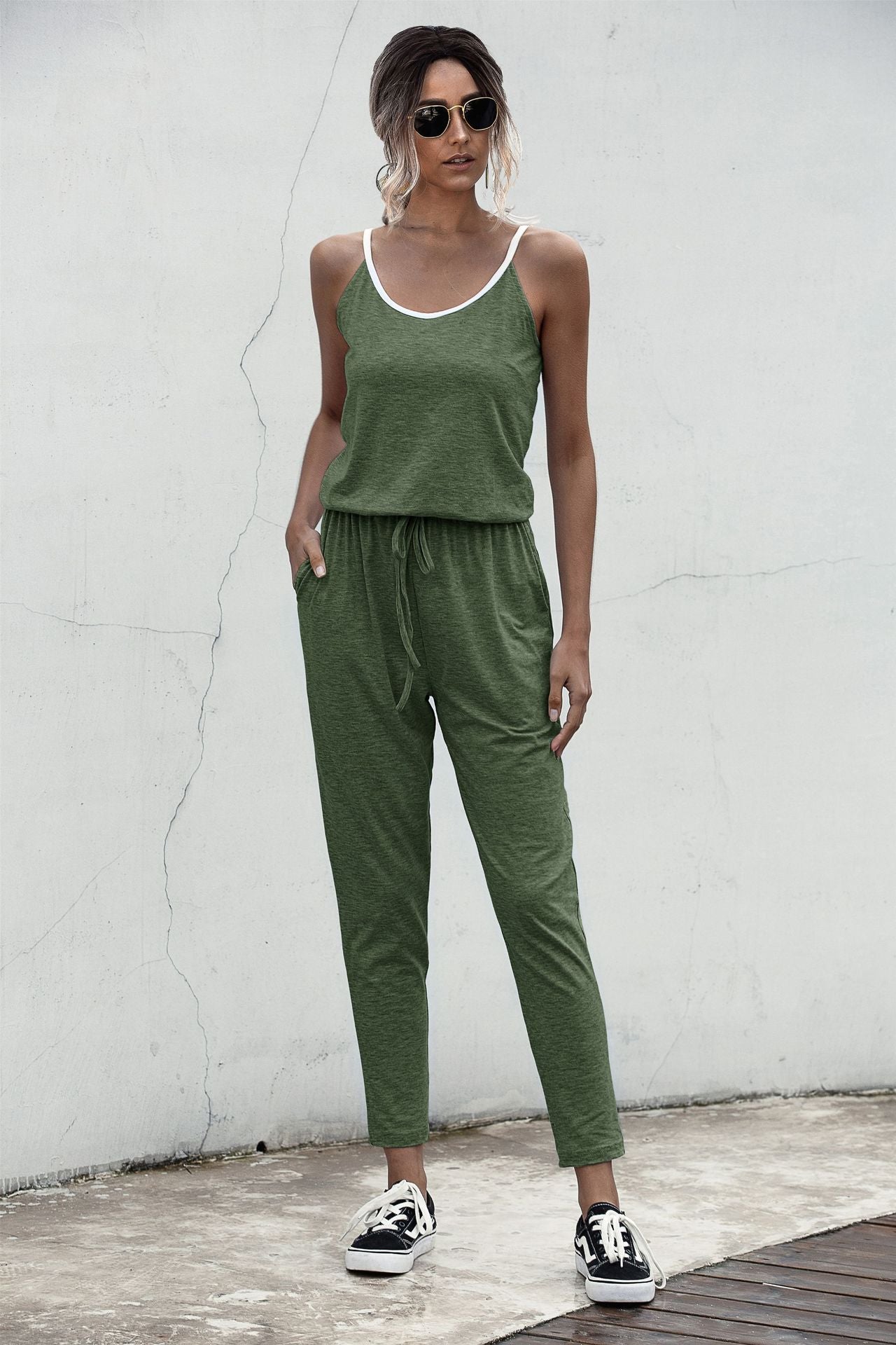 Suspenders Jumpsuit Drawstring Lace-up Rompers With Pocket