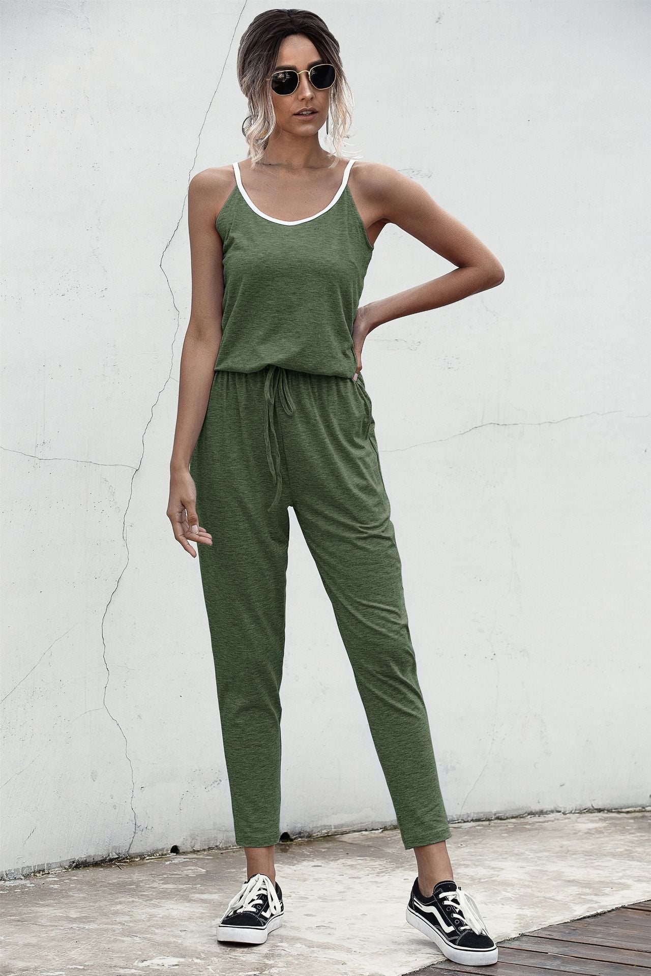 Suspenders Jumpsuit Drawstring Lace-up Rompers With Pocket